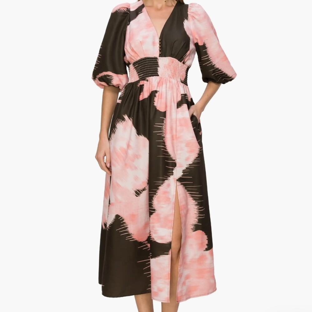 MELLODAY Print Puff Sleeve Midi Dress Size L